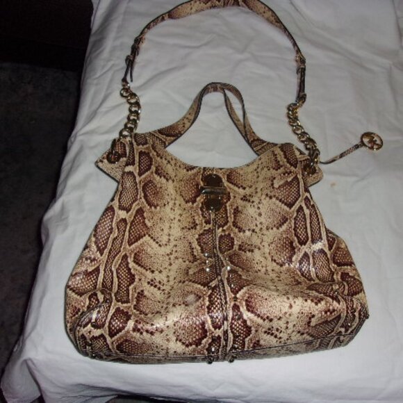 MICHAEL KORS BROWN & BEIGE LEATHER SNAKESKIN PRINT LARGE TOTE BAG - Picture 1 of 7